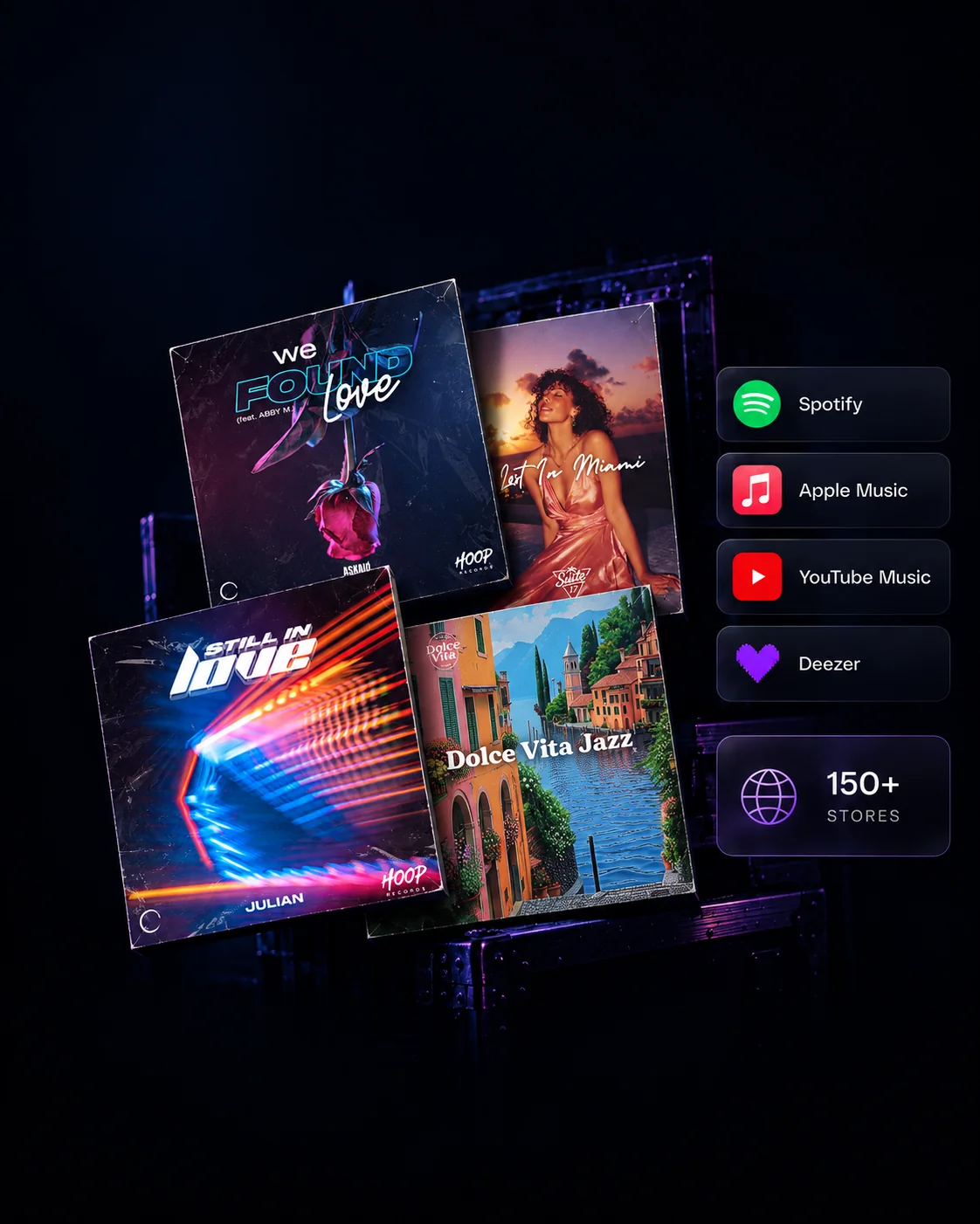 Music cover artwork alongside worldwide streaming platforms